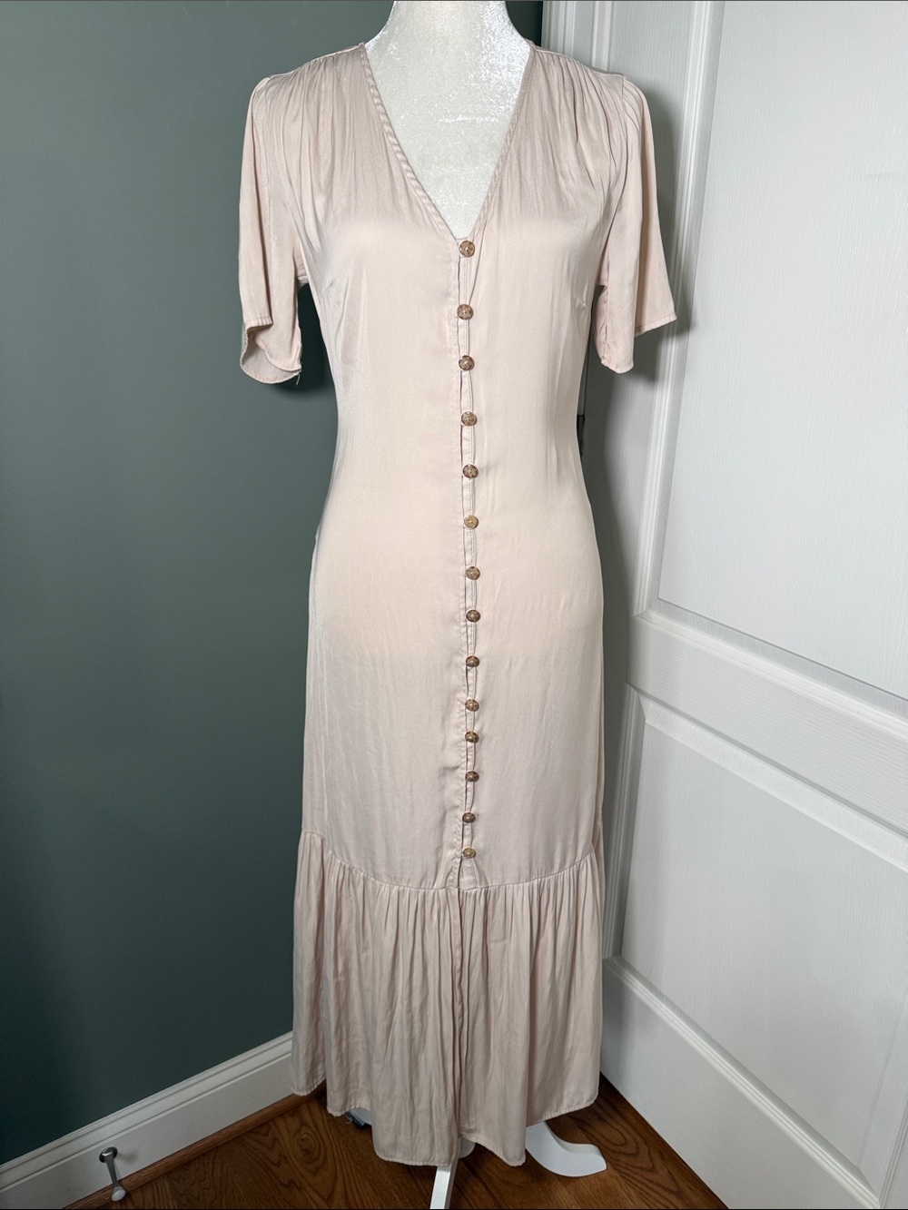 Love, Whit Blush Pink Button Front Midi Dress Tie Back Romantic Boho Formal M